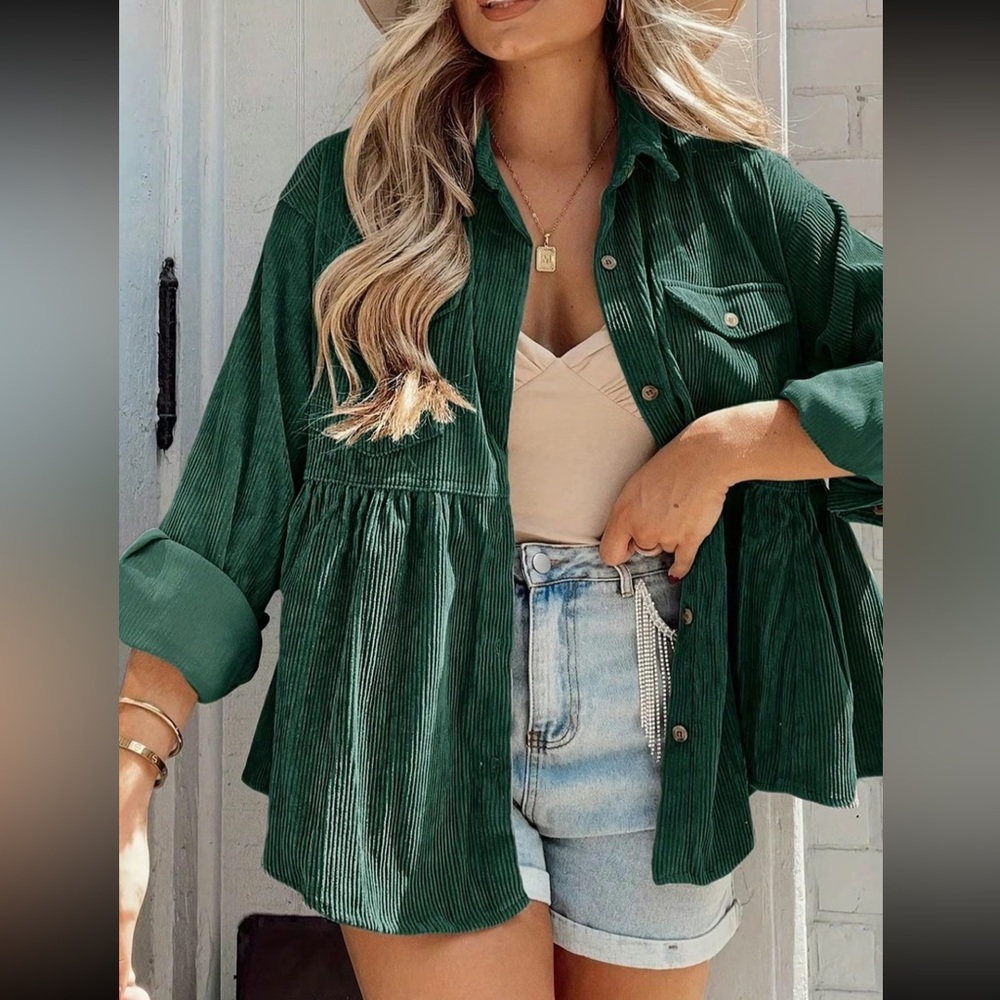 Green Corduroy Button-Up Shirt